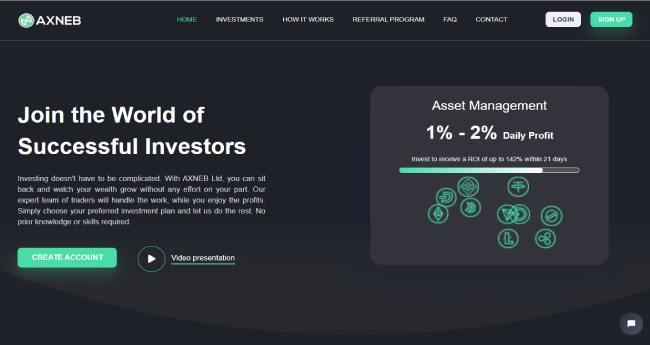 Axneb.com: обзор среднедоходного проекта, прибыль до 2% в сутки, страховка 250$, рефбек 7,5%